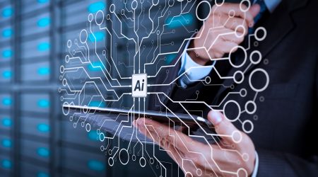 Artificial Intelligence (AI),machine learning with data mining technology on virtual dachboard.businessman hand using tablet computer and server room background.