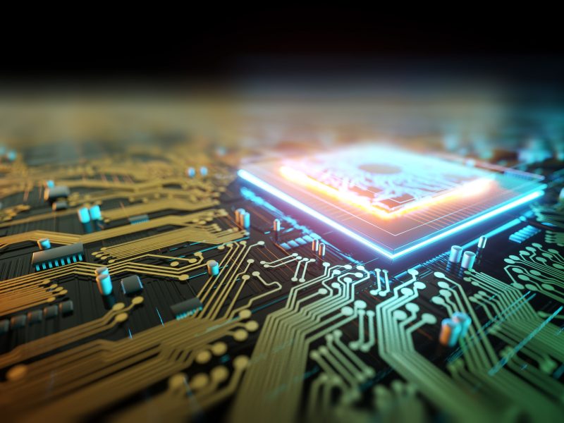 3D render CPU Technological background. Concept circuit board with computer central processing unit. Digital Chip Integrated Communication Processor. Copy space