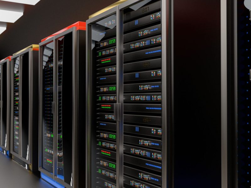 Server. Server racks in server room cloud data center. Datacenter hardware cluster. Backup, hosting, mainframe, mining, farm and computer rack with storage information. 3d illustration